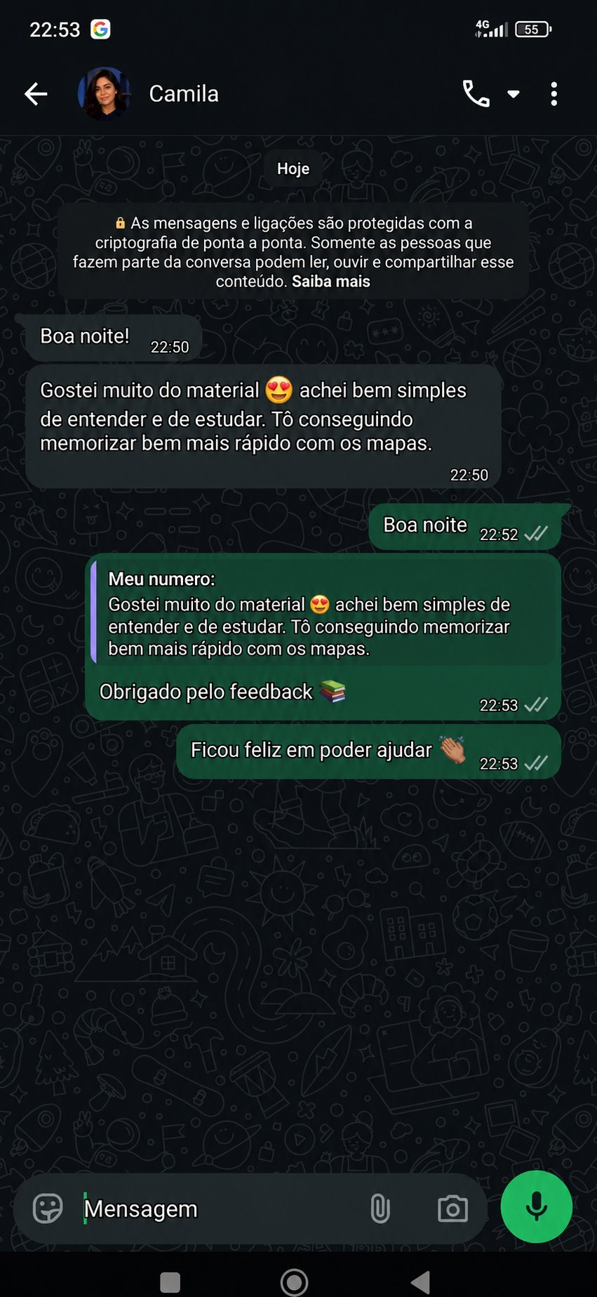 Depoimento da Camila sobre o material de inglês