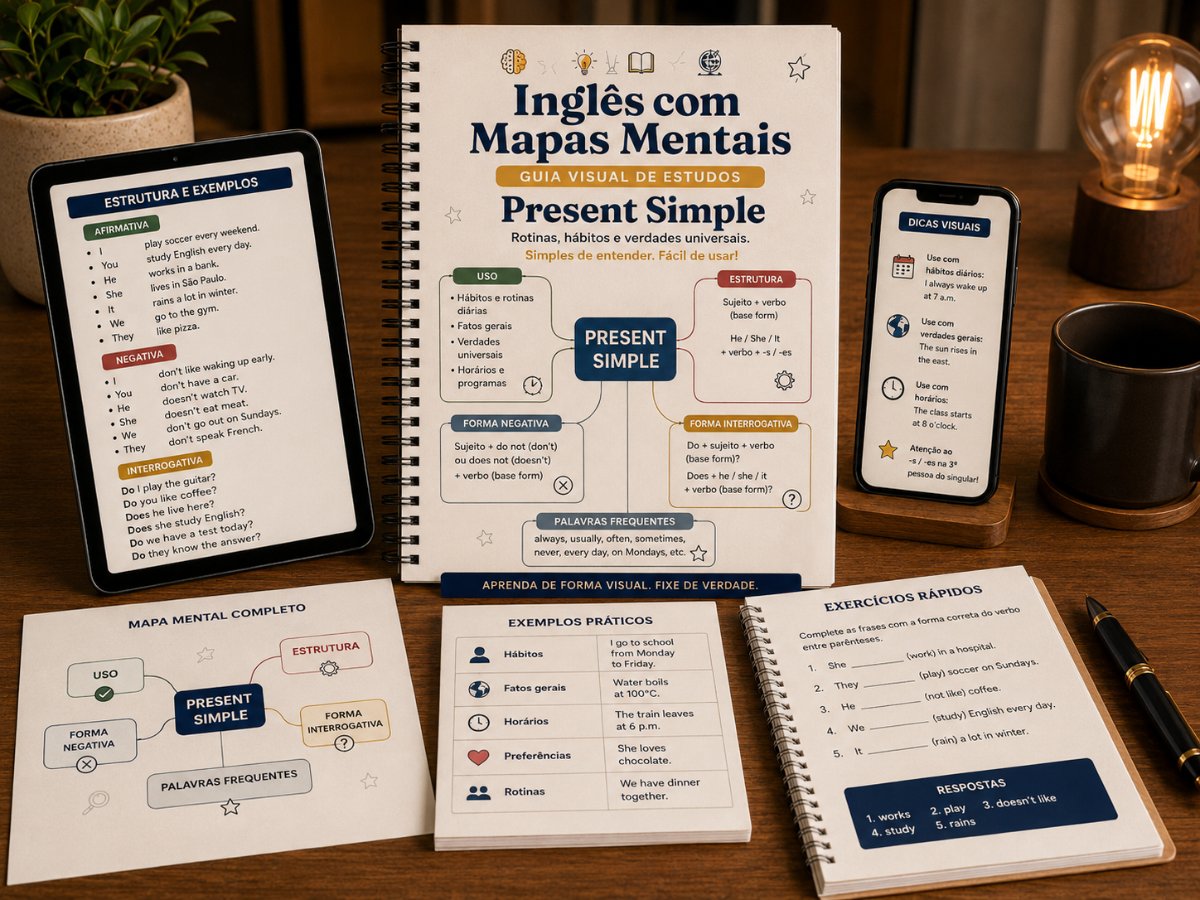Mapa mental de gramática: present simple em inglês